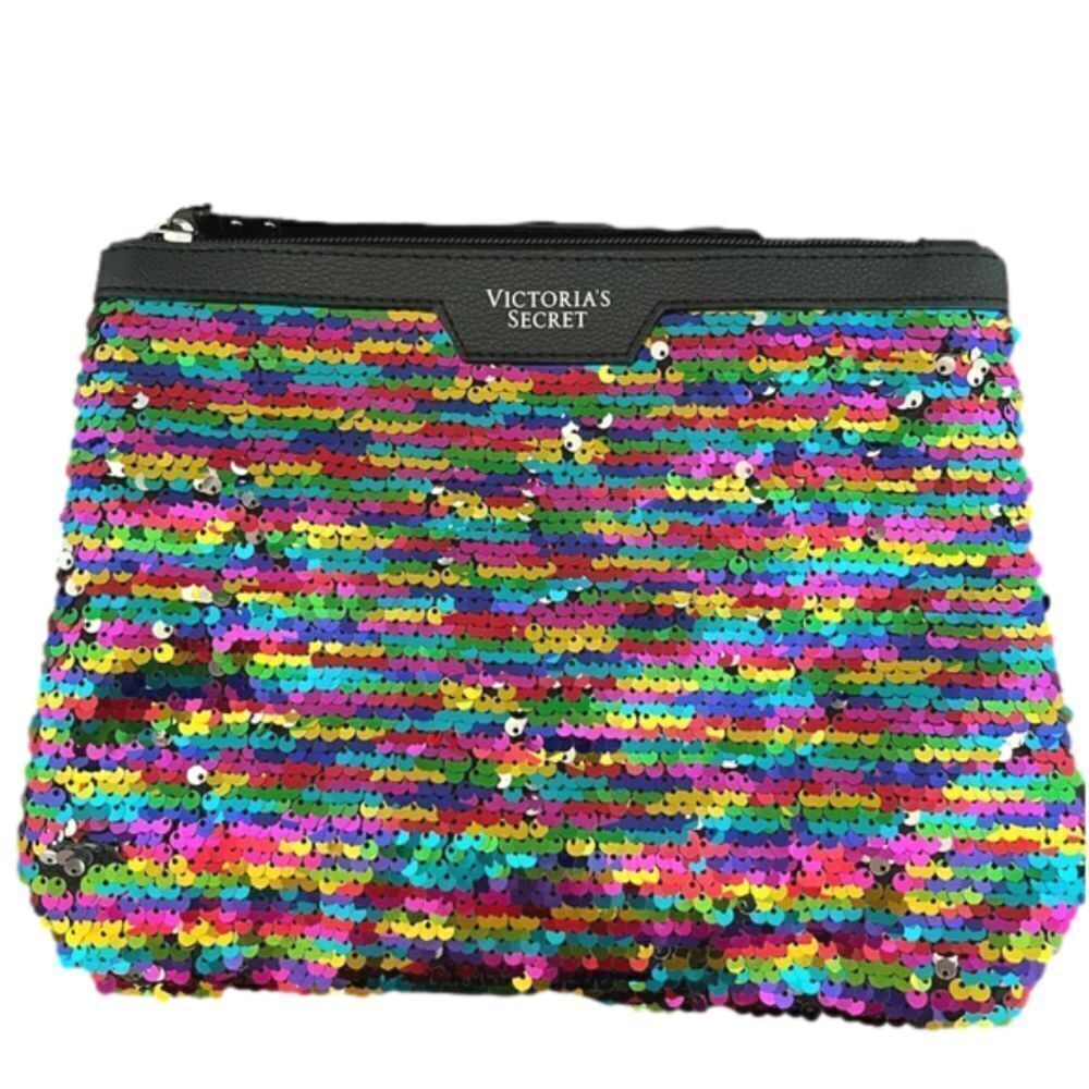 Victoria’s Secret Rainbow Sequin Clutch Makeup Bag Large Zip Cosmetic Pouch